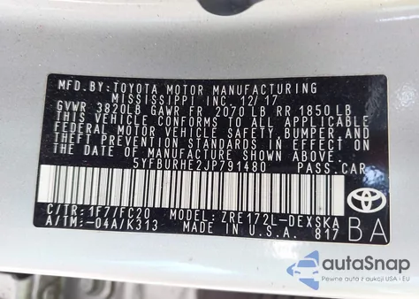 2018 Toyota Corolla Se z USA, uszkodzony, nr VIN 5YFBURHE2JP791480